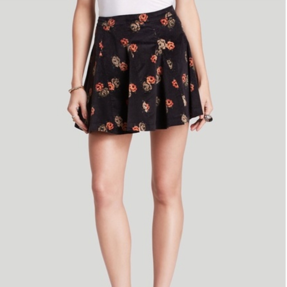 BOHO Free People Dark Brown Floral Corduroy Skirt